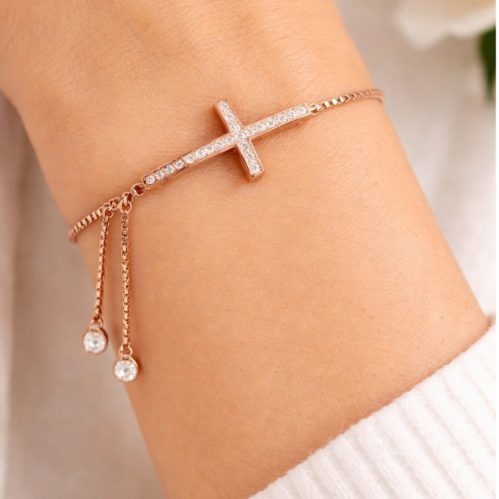 Rose Gold Cross Bracelet Adjustable‎ Bolo CZ Pavé Sideways Faith Christian Jesus